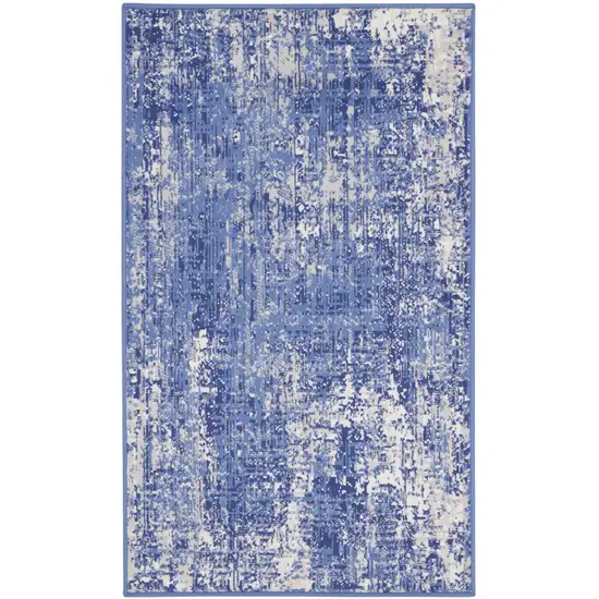 Ivory and Blue Abstract Distressed Area Rug Photo 2