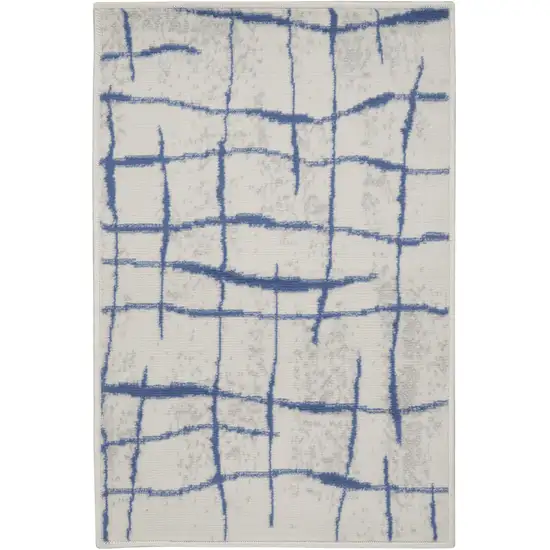 Ivory and Blue Abstract Distressed Area Rug Photo 2