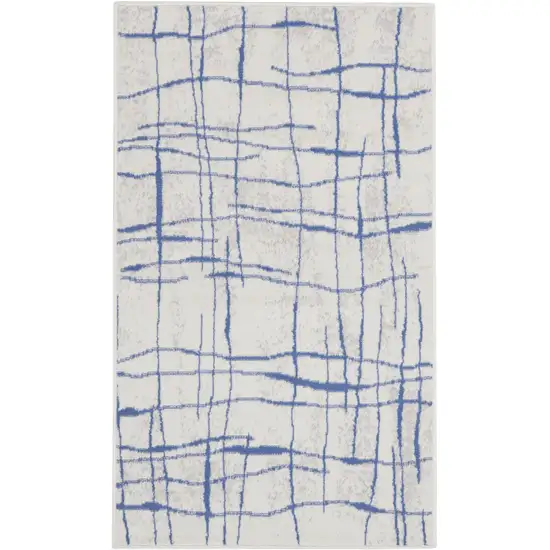 Ivory and Blue Abstract Geometric Distressed Area Rug Photo 2