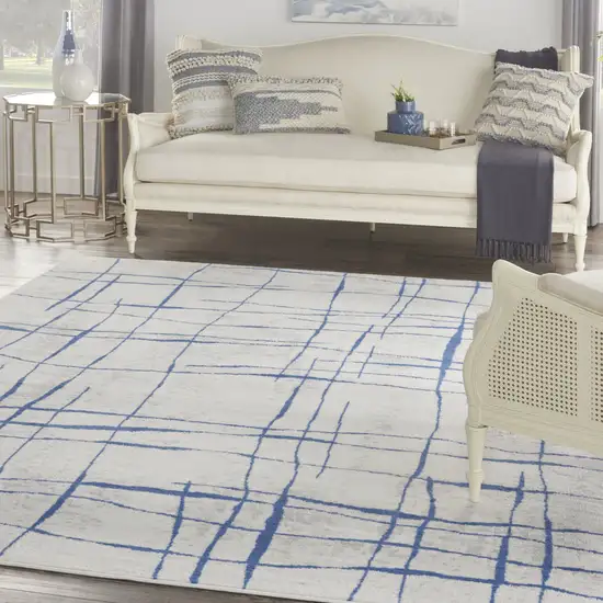 Ivory and Blue Abstract Geometric Distressed Non Skid Area Rug Photo 9