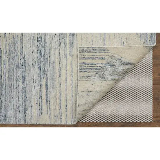 Ivory and Blue Abstract Hand Knotted Worn Faded Area Rug Photo 3