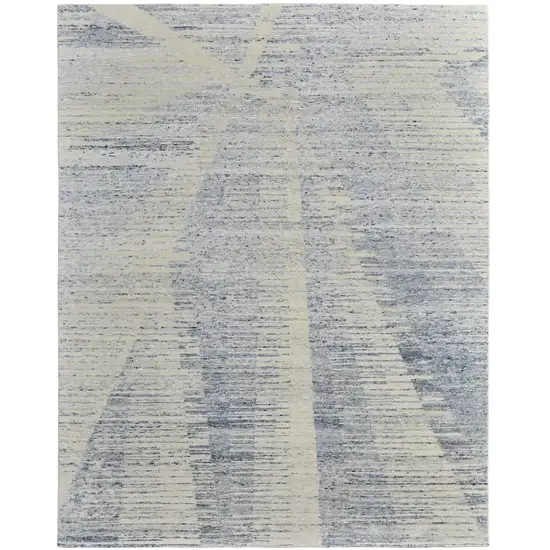 Ivory and Blue Abstract Hand Knotted Worn Faded Area Rug Photo 3