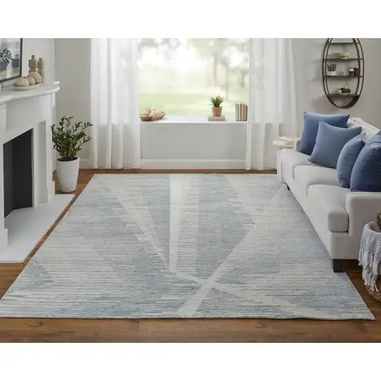 Ivory and Blue Abstract Hand Knotted Worn Faded Area Rug Photo 6