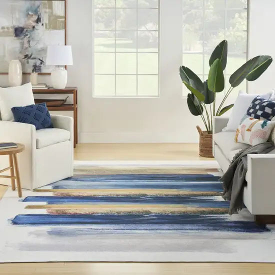 Ivory and Blue Abstract Power Loom Washable Non Skid Area Rug Photo 7