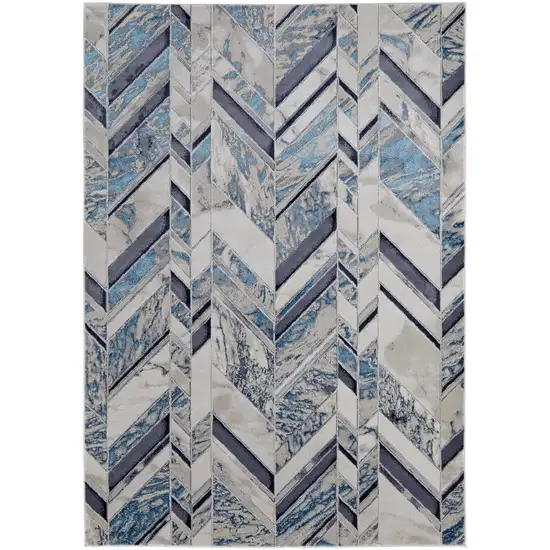 Ivory and Blue Chevron Power Loom Distressed Area Rug Photo 2