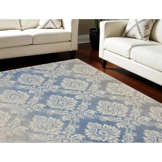 Ivory and Blue Damask Distressed Non Skid Area Rug Photo 1