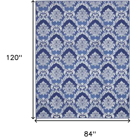 Ivory and Blue Damask Distressed Non Skid Area Rug Photo 3