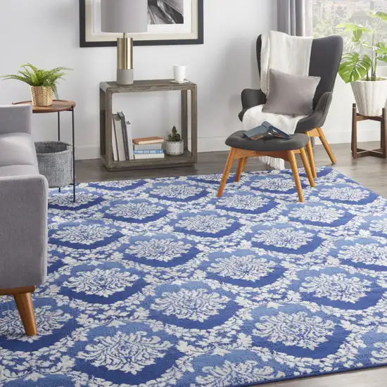 Ivory and Blue Damask Distressed Non Skid Area Rug Photo 8