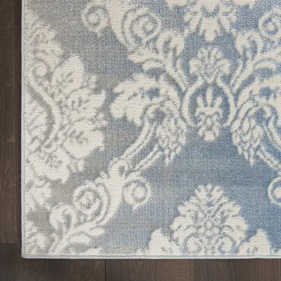 Ivory and Blue Damask Distressed Non Skid Area Rug Photo 6