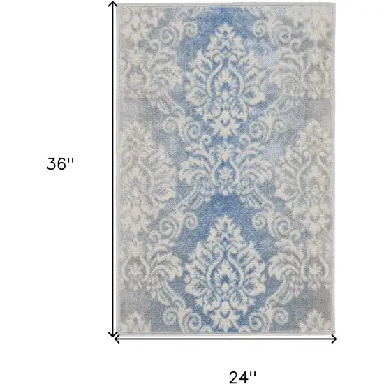 Ivory and Blue Damask Distressed Non Skid Area Rug Photo 3