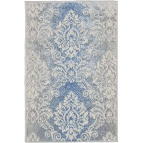 Ivory and Blue Damask Distressed Non Skid Area Rug Photo 2