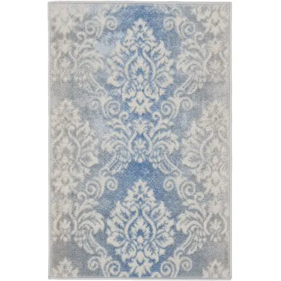 Ivory and Blue Damask Distressed Non Skid Area Rug Photo 4