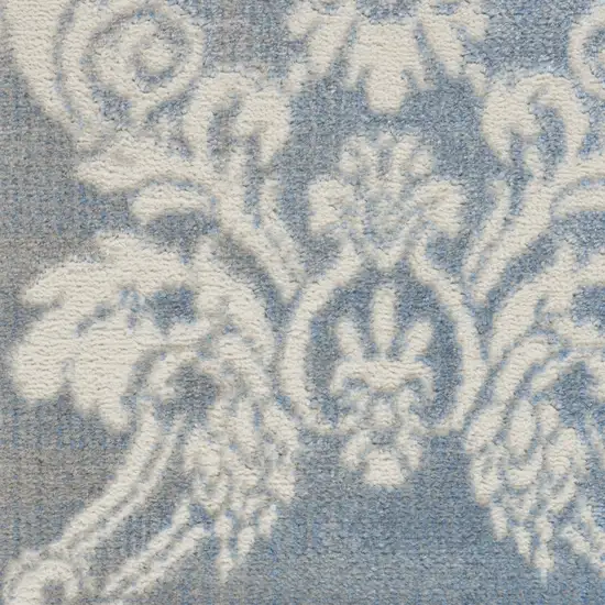 Ivory and Blue Damask Distressed Non Skid Area Rug Photo 9