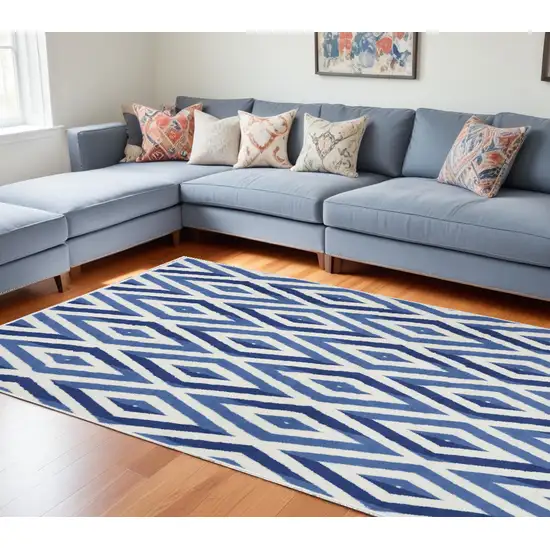 Blue And Ivory Geometric Dhurrie Area Rug Photo 1