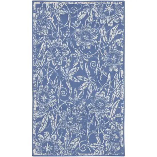 Ivory and Blue Floral Distressed Area Rug Photo 2