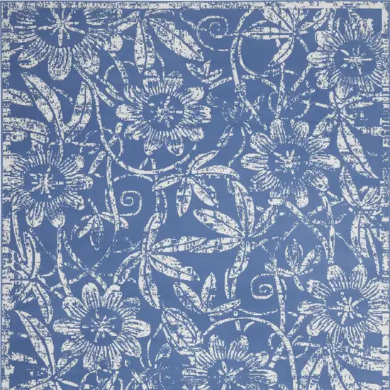 Ivory and Blue Floral Distressed Non Skid Area Rug Photo 6