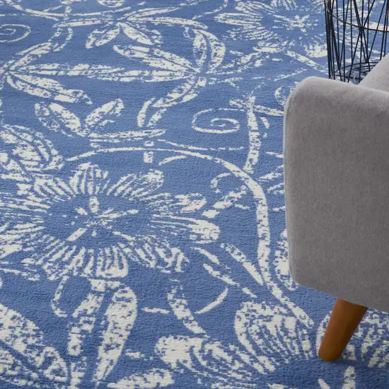 Ivory and Blue Floral Distressed Non Skid Area Rug Photo 7