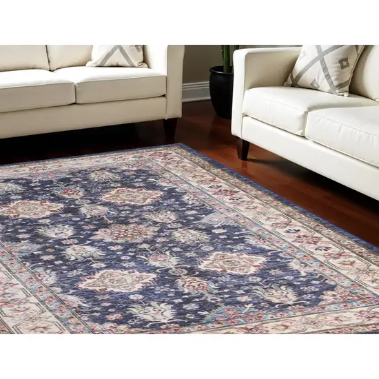 Ivory and Blue Floral Medallion Distressed Non Skid Area Rug Photo 1