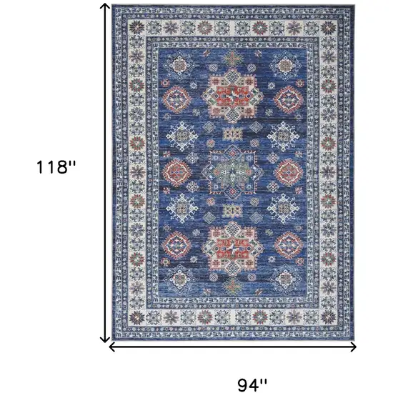 Ivory and Blue Floral Medallion Distressed Non Skid Area Rug Photo 3