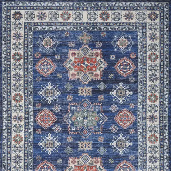 Ivory and Blue Floral Medallion Distressed Non Skid Area Rug Photo 8