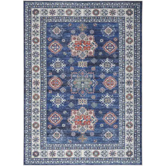 Ivory and Blue Floral Medallion Distressed Non Skid Area Rug Photo 2