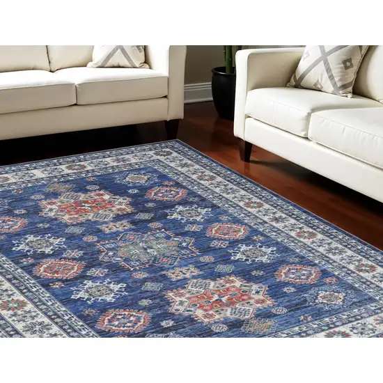 Ivory and Blue Floral Medallion Distressed Non Skid Area Rug Photo 1