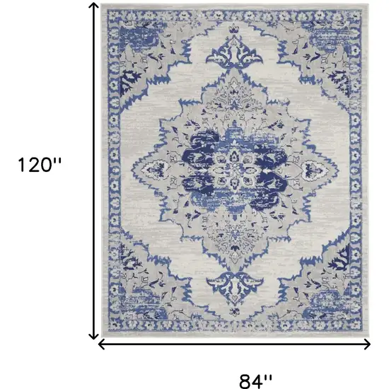 Ivory and Blue Floral Medallion Distressed Non Skid Area Rug Photo 3