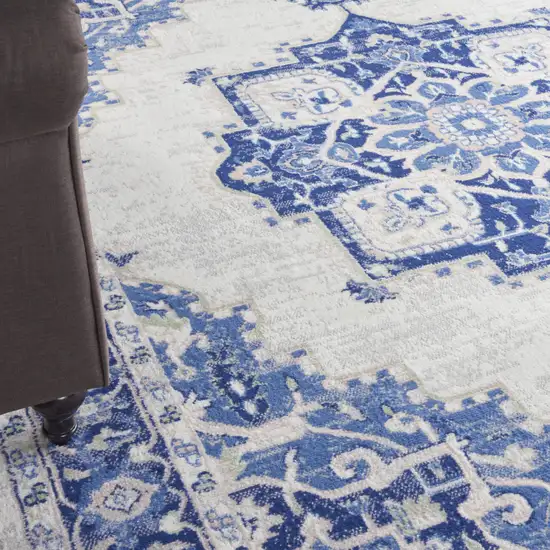 Ivory and Blue Floral Medallion Distressed Non Skid Area Rug Photo 8