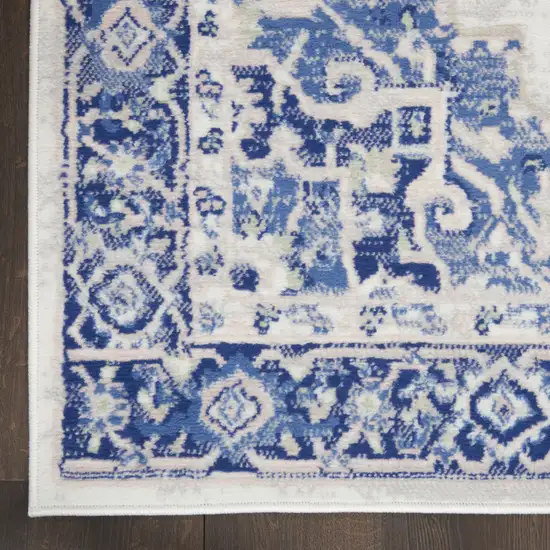 Ivory and Blue Floral Medallion Distressed Non Skid Area Rug Photo 4