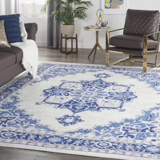 Ivory and Blue Floral Medallion Distressed Non Skid Area Rug Photo 9