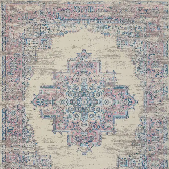 Ivory and Blue Floral Medallion Distressed Non Skid Area Rug Photo 8