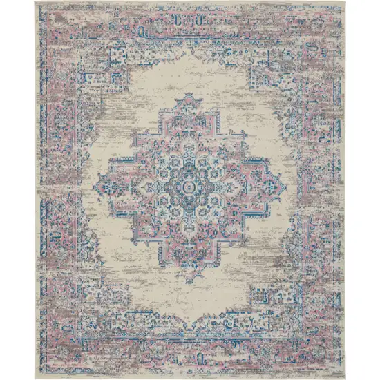 Ivory and Blue Floral Medallion Distressed Non Skid Area Rug Photo 2