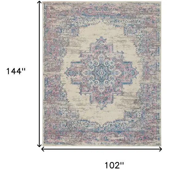 Ivory and Blue Floral Medallion Distressed Non Skid Area Rug Photo 3