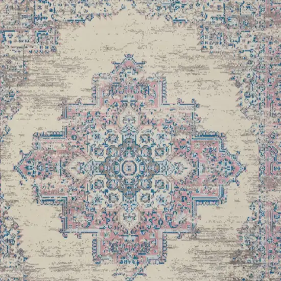 Ivory and Blue Floral Medallion Distressed Non Skid Area Rug Photo 7