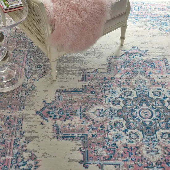 Ivory and Blue Floral Medallion Distressed Non Skid Area Rug Photo 9