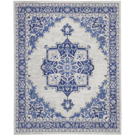 Ivory and Blue Floral Medallion Distressed Non Skid Area Rug Photo 2