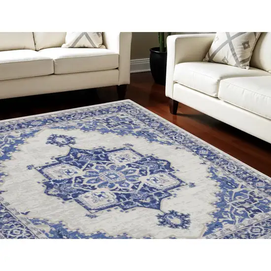 Ivory and Blue Floral Medallion Distressed Non Skid Area Rug Photo 1