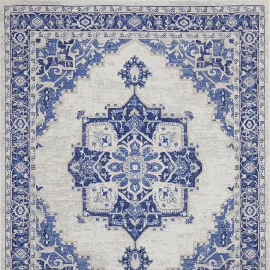 Ivory and Blue Floral Medallion Distressed Non Skid Area Rug Photo 7