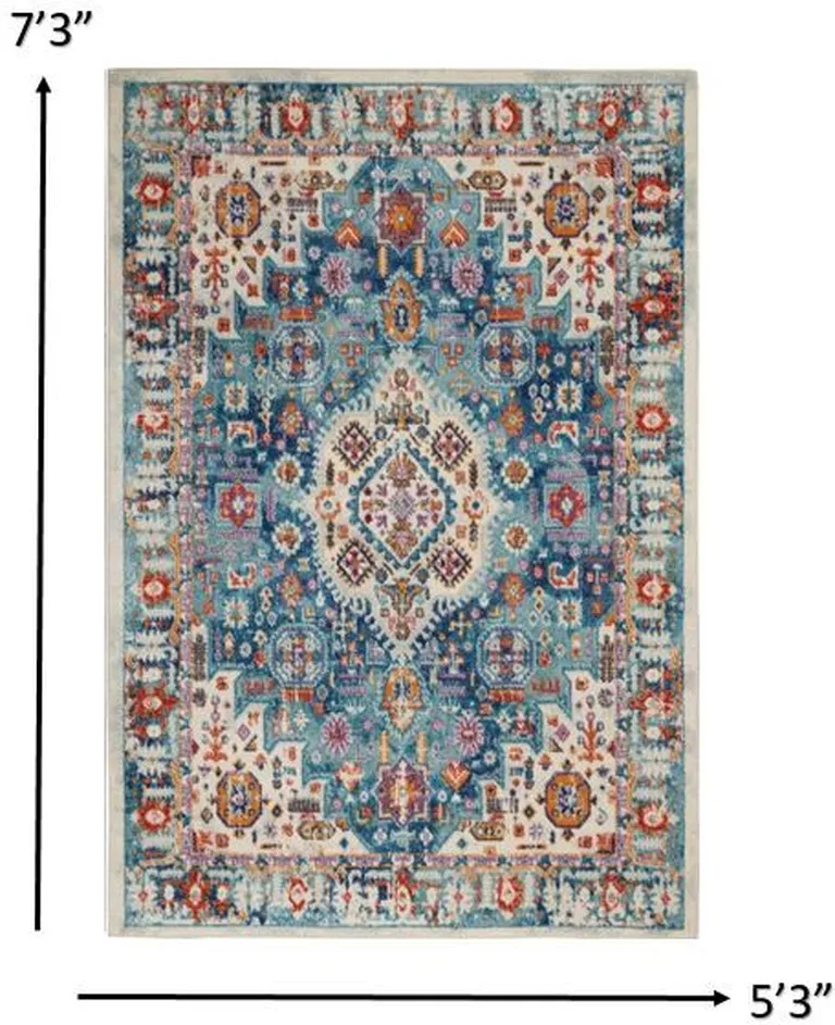 Ivory and Blue Floral Motifs Area Rug Photo 5