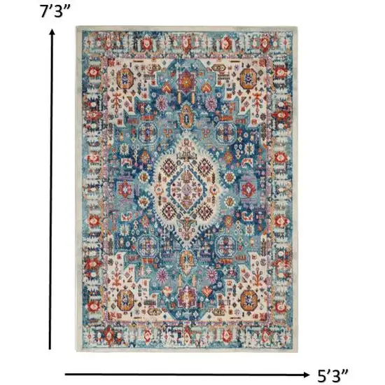 Ivory and Blue Floral Motifs Area Rug Photo 5