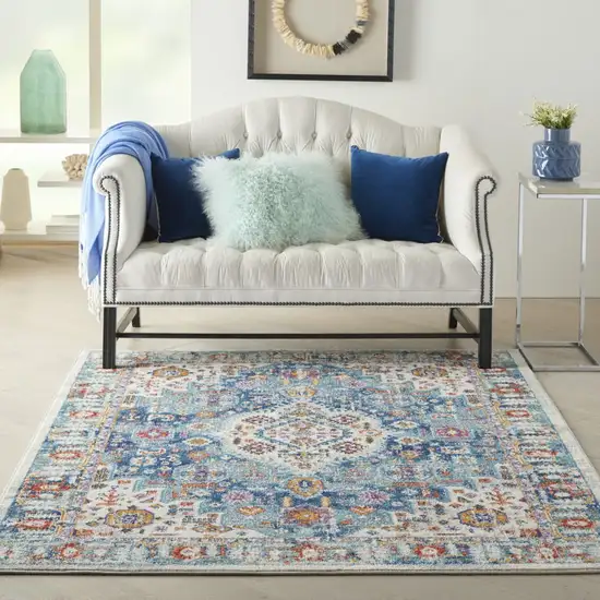 Ivory and Blue Floral Motifs Area Rug Photo 6