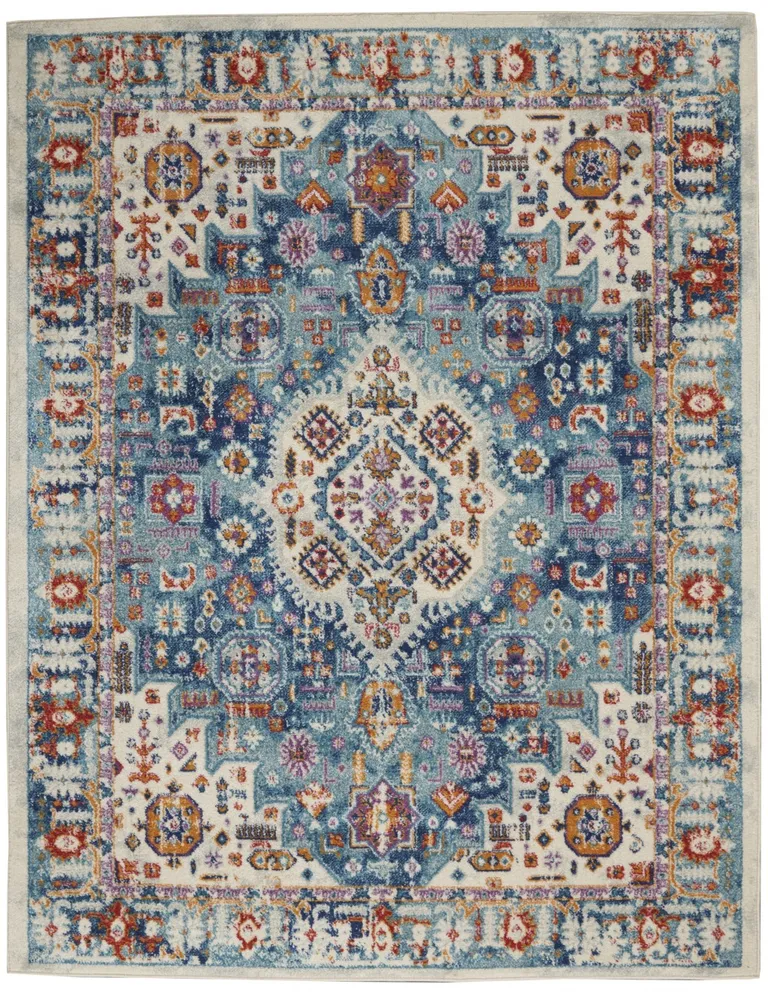 Ivory and Blue Floral Motifs Area Rug Photo 1