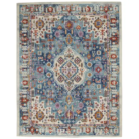 Ivory and Blue Floral Motifs Area Rug Photo 1