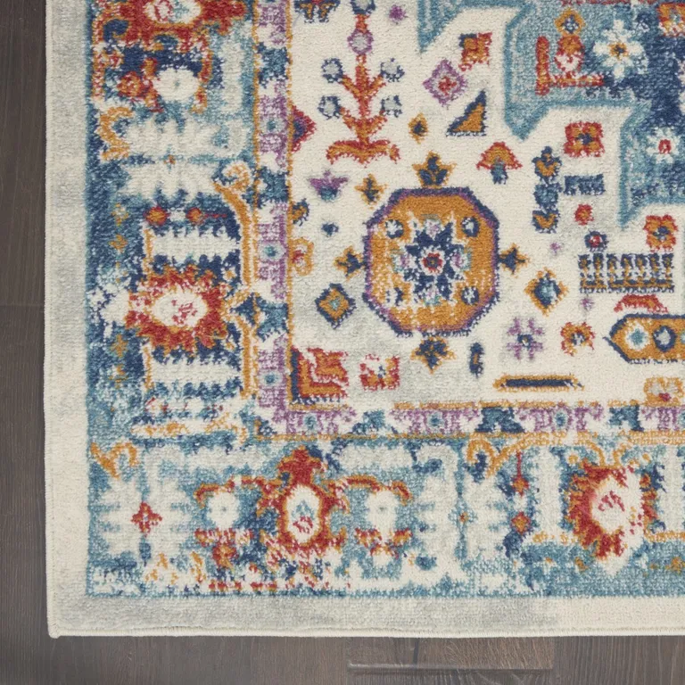 Ivory and Blue Floral Motifs Area Rug Photo 2