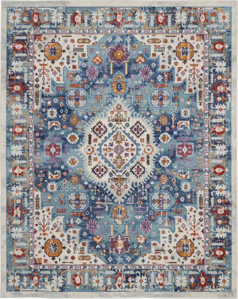 Ivory and Blue Floral Motifs Area Rug Photo 1