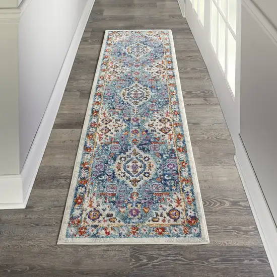 8' Ivory And Blue Floral Distressed Runner Rug Photo 8