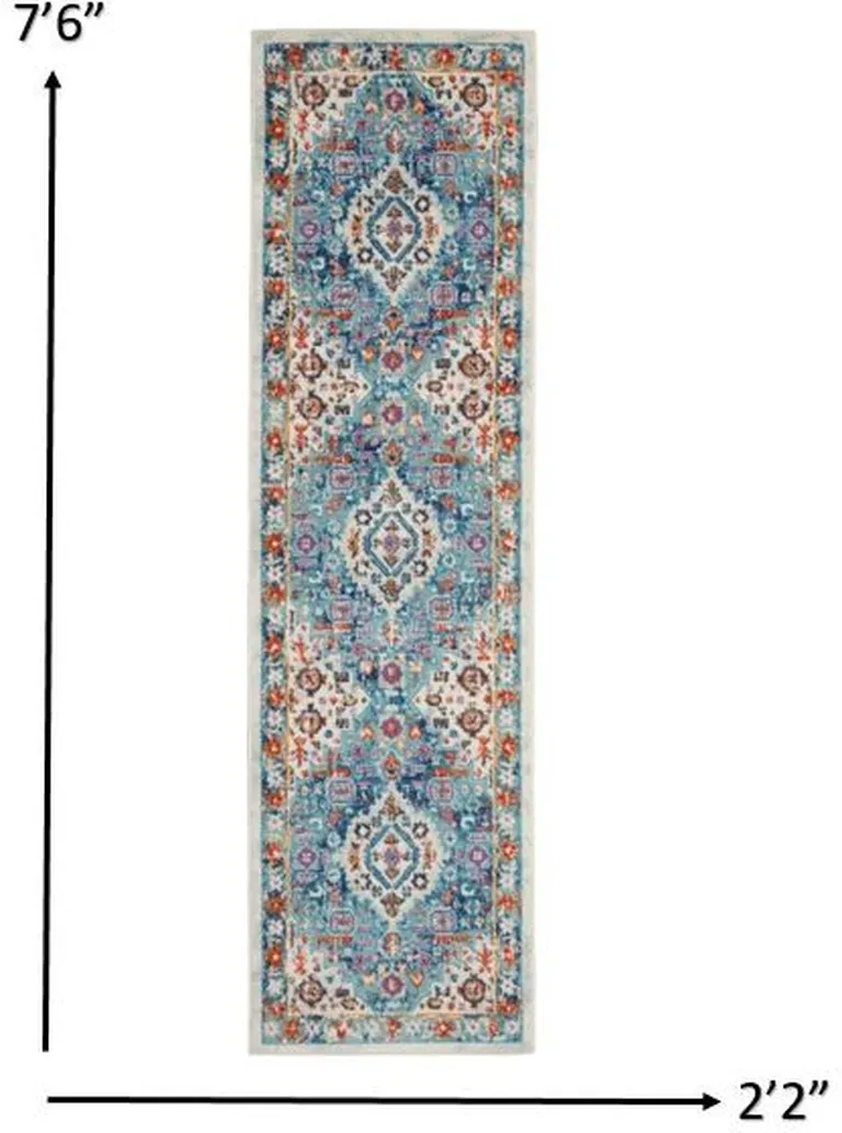 Ivory and Blue Floral Motifs Runner Rug Photo 5