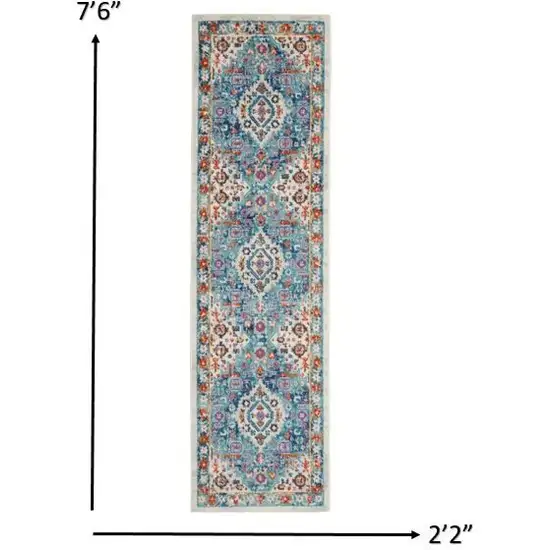 Ivory and Blue Floral Motifs Runner Rug Photo 5