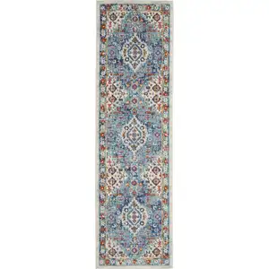 Photo of Ivory and Blue Floral Motifs Runner Rug