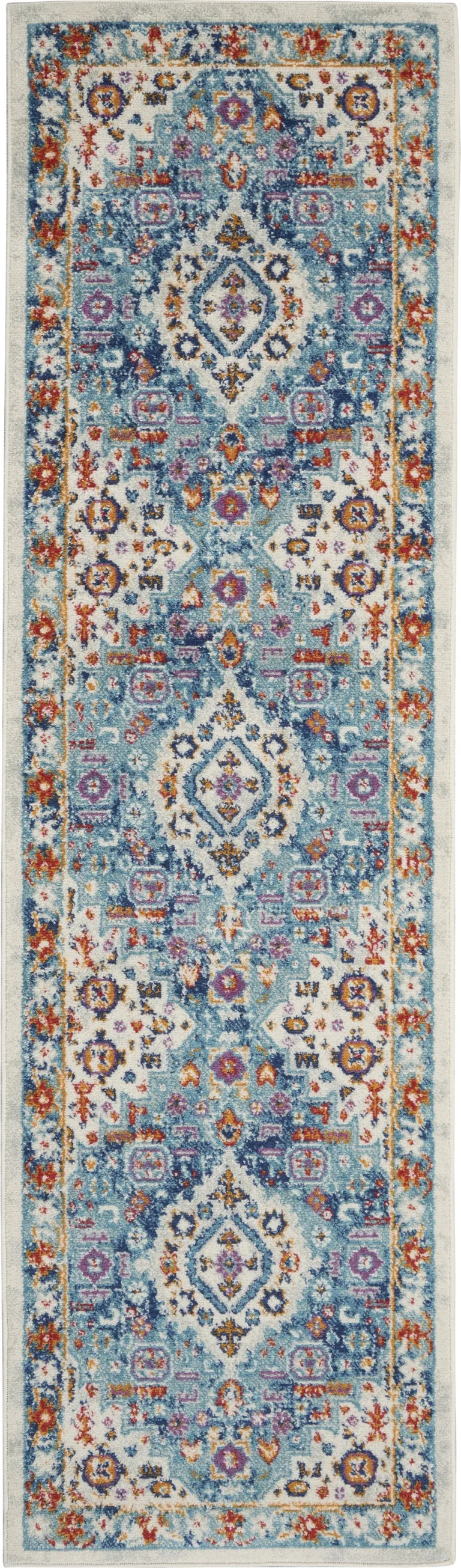 Ivory and Blue Floral Motifs Runner Rug Photo 1